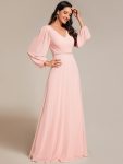 Pleated Double V-Neck Long Sleeves Shiny Belt Chiffon Evening Dress – Pink