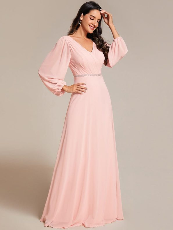 Pleated Double V-Neck Long Sleeves Shiny Belt Chiffon Evening Dress - Pink