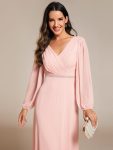 Pleated Double V-Neck Long Sleeves Shiny Belt Chiffon Evening Dress – Pink