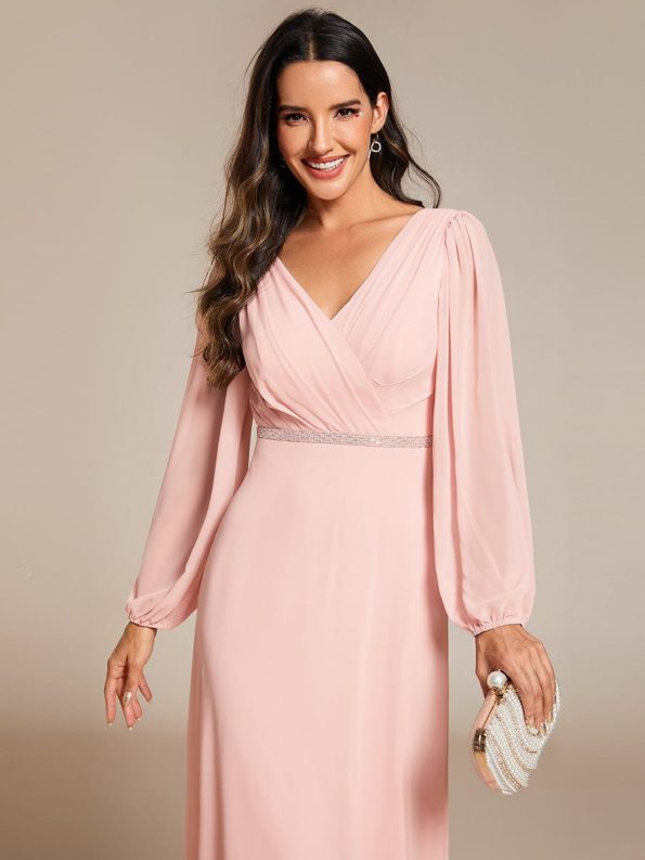 Pleated Double V-Neck Long Sleeves Shiny Belt Chiffon Evening Dress - Pink