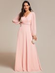 Pleated Double V-Neck Long Sleeves Shiny Belt Chiffon Evening Dress – Pink