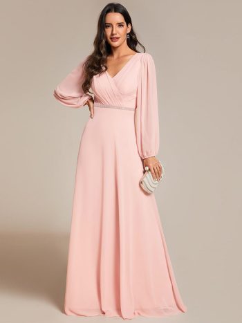 Pleated Double V-Neck Long Sleeves Shiny Belt Chiffon Evening Dress - Pink