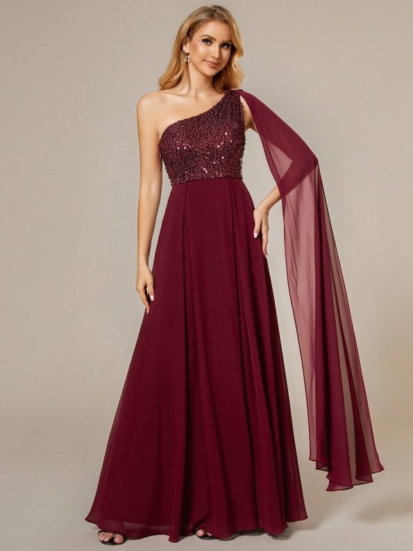 Sleeveless Chiffon A-Line Shinny Sequin Bodice One Shoulder Evening Dress - Burgundy