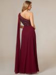 Sleeveless Chiffon A-Line Shinny Sequin Bodice One Shoulder Evening Dress – Burgundy