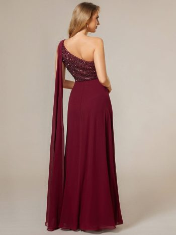 Sleeveless Chiffon A-Line Shinny Sequin Bodice One Shoulder Evening Dress - Burgundy