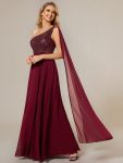 Sleeveless Chiffon A-Line Shinny Sequin Bodice One Shoulder Evening Dress – Burgundy