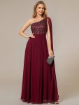 Sleeveless Chiffon A-Line Shinny Sequin Bodice One Shoulder Evening Dress – Burgundy