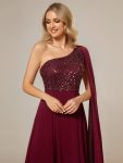 Sleeveless Chiffon A-Line Shinny Sequin Bodice One Shoulder Evening Dress – Burgundy