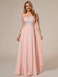 Sleeveless Chiffon A-Line Shinny Sequin Bodice One Shoulder Evening Dress – Pink