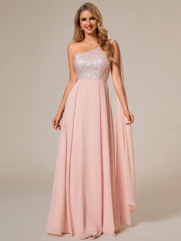 Sleeveless Chiffon A-Line Shinny Sequin Bodice One Shoulder Evening Dress - Pink