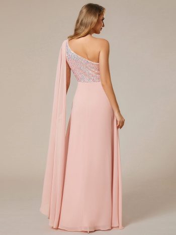 Sleeveless Chiffon A-Line Shinny Sequin Bodice One Shoulder Evening Dress - Pink