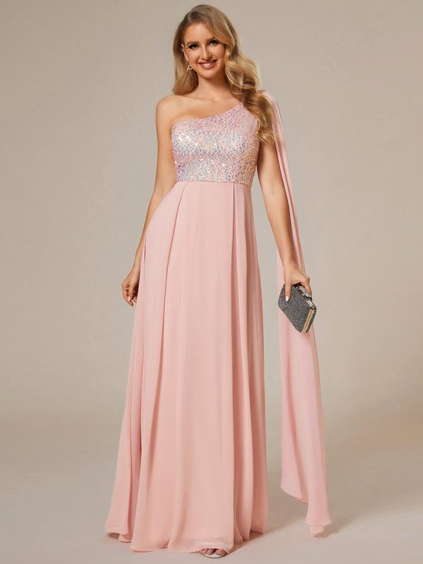 Sleeveless Chiffon A-Line Shinny Sequin Bodice One Shoulder Evening Dress - Pink