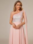 Sleeveless Chiffon A-Line Shinny Sequin Bodice One Shoulder Evening Dress – Pink