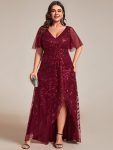 Plus Size Short Sleeves Sequin High Low V-Neck Midi Formal Evening Dress – Burgundy