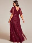 Plus Size Short Sleeves Sequin High Low V-Neck Midi Formal Evening Dress – Burgundy