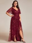 Plus Size Short Sleeves Sequin High Low V-Neck Midi Formal Evening Dress – Burgundy