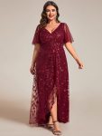 Plus Size Short Sleeves Sequin High Low V-Neck Midi Formal Evening Dress – Burgundy