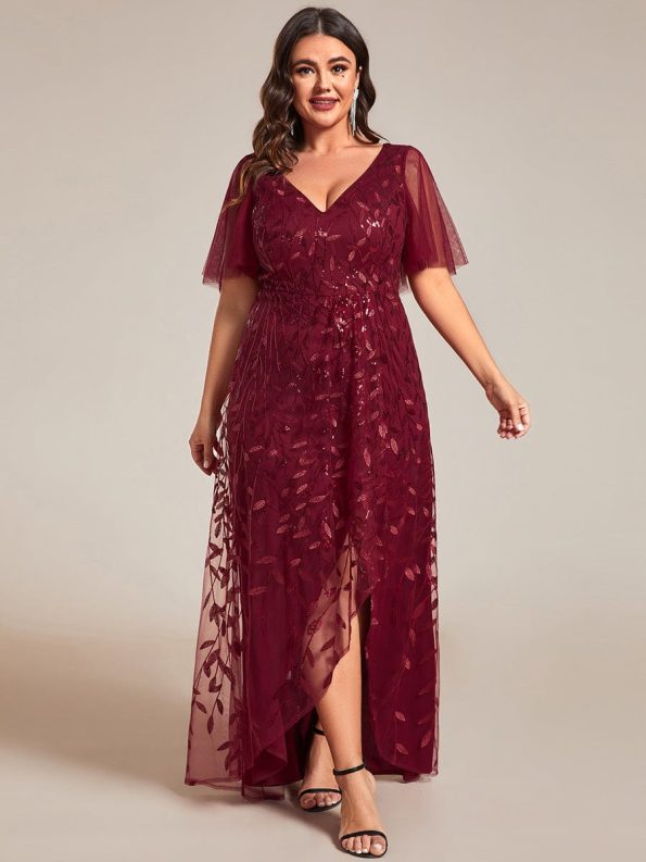 Plus Size Short Sleeves Sequin High Low V-Neck Midi Formal Evening Dress - Burgundy