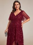 Plus Size Short Sleeves Sequin High Low V-Neck Midi Formal Evening Dress – Burgundy