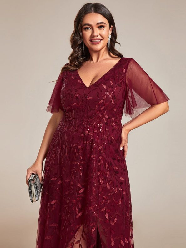 Plus Size Short Sleeves Sequin High Low V-Neck Midi Formal Evening Dress - Burgundy