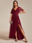 Short Sleeves Sequin High Low V-Neck Midi Formal Evening Dress – Burgundy