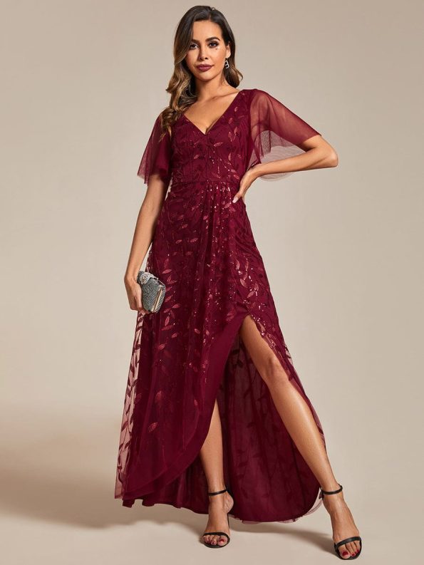 Short Sleeves Sequin High Low V-Neck Midi Formal Evening Dress - Burgundy