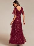 Short Sleeves Sequin High Low V-Neck Midi Formal Evening Dress – Burgundy