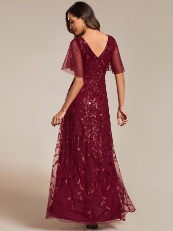 Short Sleeves Sequin High Low V-Neck Midi Formal Evening Dress - Burgundy