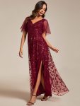 Short Sleeves Sequin High Low V-Neck Midi Formal Evening Dress – Burgundy