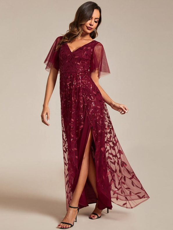 Short Sleeves Sequin High Low V-Neck Midi Formal Evening Dress - Burgundy