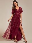 Short Sleeves Sequin High Low V-Neck Midi Formal Evening Dress – Burgundy