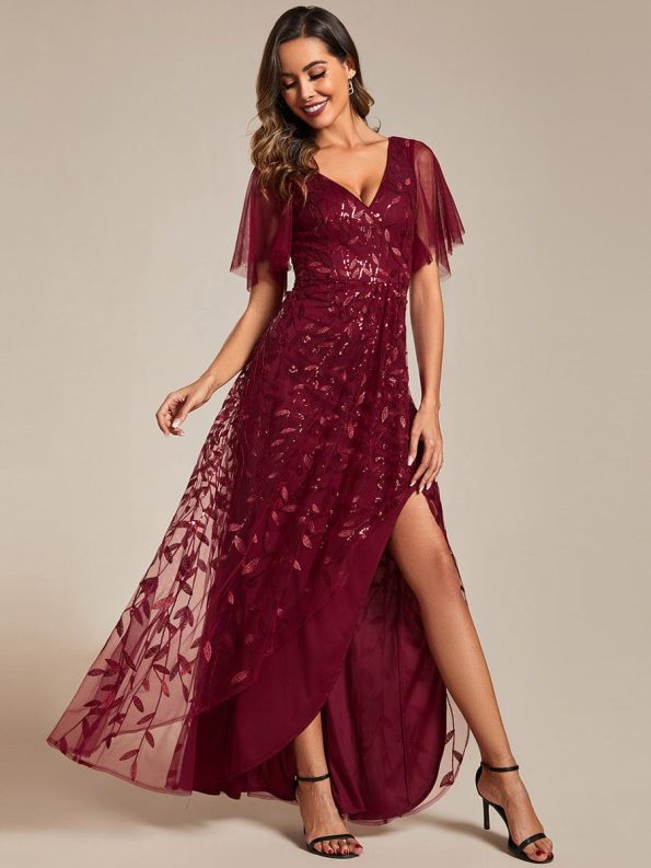 Short Sleeves Sequin High Low V-Neck Midi Formal Evening Dress - Burgundy