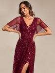 Short Sleeves Sequin High Low V-Neck Midi Formal Evening Dress – Burgundy