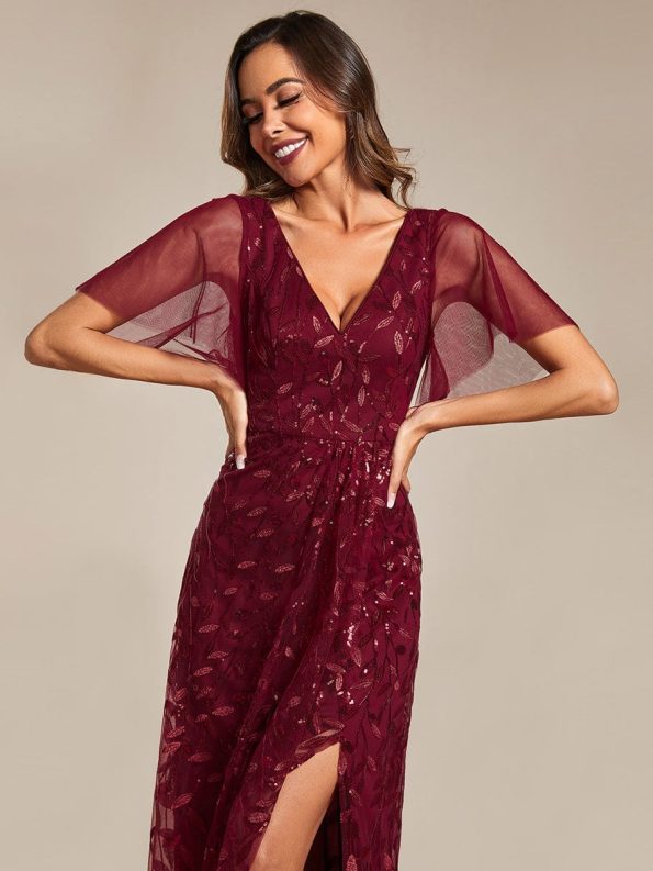 Short Sleeves Sequin High Low V-Neck Midi Formal Evening Dress - Burgundy