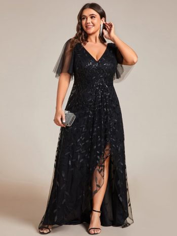 Plus Size Short Sleeves Sequin High Low V-Neck Midi Formal Evening Dress - Black