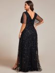 Plus Size Short Sleeves Sequin High Low V-Neck Midi Formal Evening Dress – Black