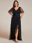 Plus Size Short Sleeves Sequin High Low V-Neck Midi Formal Evening Dress – Black