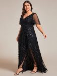 Plus Size Short Sleeves Sequin High Low V-Neck Midi Formal Evening Dress – Black