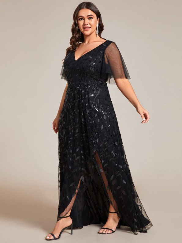 Plus Size Short Sleeves Sequin High Low V-Neck Midi Formal Evening Dress - Black