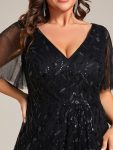 Plus Size Short Sleeves Sequin High Low V-Neck Midi Formal Evening Dress – Black