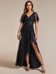 Short Sleeves Sequin High Low V-Neck Midi Formal Evening Dress – Black