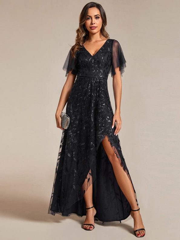 Short Sleeves Sequin High Low V-Neck Midi Formal Evening Dress - Black