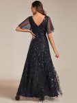 Short Sleeves Sequin High Low V-Neck Midi Formal Evening Dress – Black