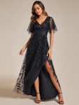 Short Sleeves Sequin High Low V-Neck Midi Formal Evening Dress – Black