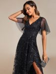 Short Sleeves Sequin High Low V-Neck Midi Formal Evening Dress – Black