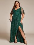 Short Sleeves Sequin High Low V-Neck Midi Formal Evening Dress – Dark Green