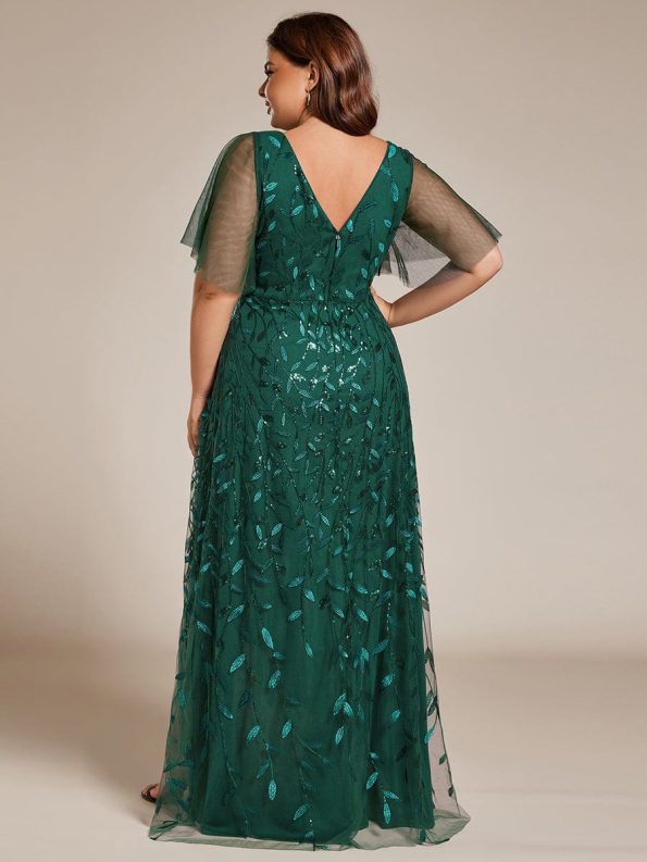 Short Sleeves Sequin High Low V-Neck Midi Formal Evening Dress - Dark Green