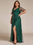 Plus Size Short Sleeves Sequin High Low V-Neck Midi Formal Evening Dress – Dark Green