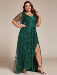 Plus Size Short Sleeves Sequin High Low V-Neck Midi Formal Evening Dress – Dark Green