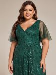 Short Sleeves Sequin High Low V-Neck Midi Formal Evening Dress – Dark Green